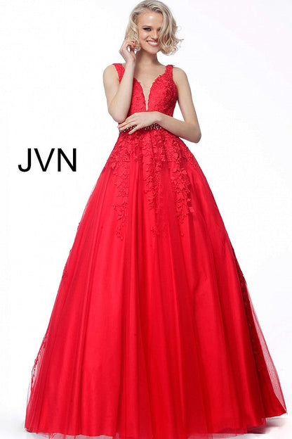 Red Plunging Neck Embroidered Prom Ballgown JVN68258 - Elbisny