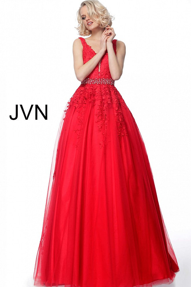 Red Plunging Neck Embroidered Prom Ballgown JVN68258 - Elbisny