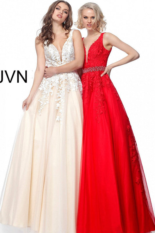 Red Plunging Neck Embroidered Prom Ballgown JVN68258 - Elbisny