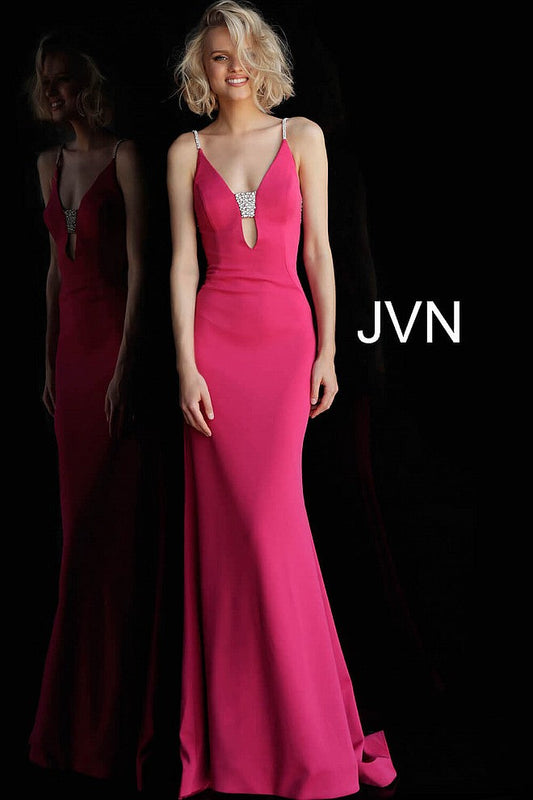 Fuchsia Plunging Neckline Embellished Back Prom Dress JVN68318 - Elbisny