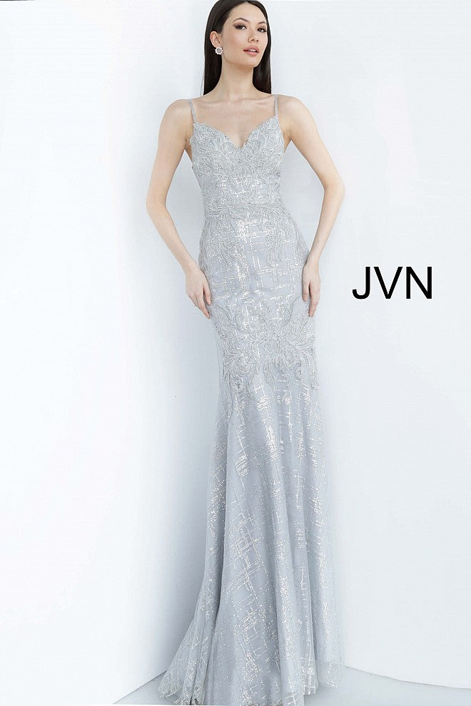 Silver Spaghetti Straps Embroidered Prom Dress JVN68134 - Elbisny