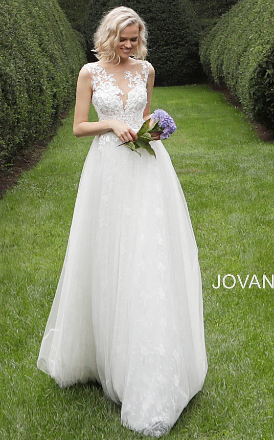 Off White Sleeveless Embroidered Bodice Wedding Dress JB68167 - Elbisny